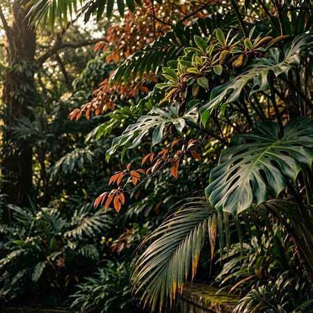 Beautiful tropical plants in the park at sunset. Natural background.