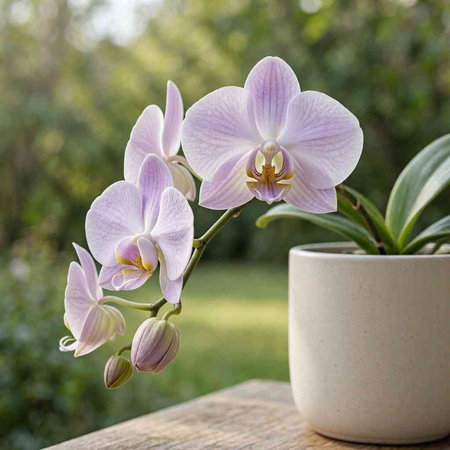 Beautiful purple orchid in a pot on a wooden table.