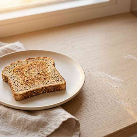 Sliced bread on a plate on the windowsill. Morning breakfast.