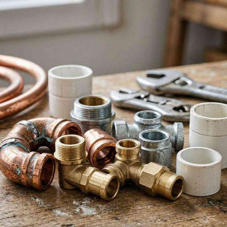 Pipe fittings and plumbing tools on an old wooden table.