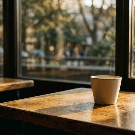 Cup of coffee on the table in front of a window.
