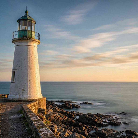 Lighthouse on the coast of the Atlantic ocean at sunset, Portugal