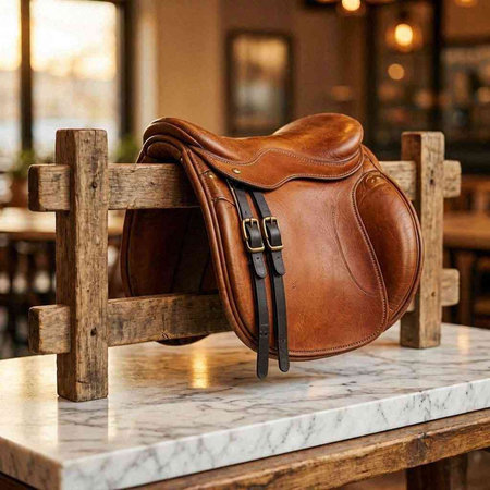 Leather saddle for equestrian on a table in a restaurant