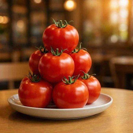 Tomatoes on a white plate on a wooden table in a restaurant