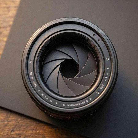 Camera lens on a black background. Close-up. Selective focus.
