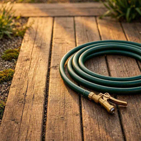 Garden hose on a wooden walkway in the garden with copy space