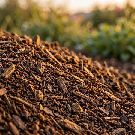 Close up of a pile of mulch in the garden. Selective focus.