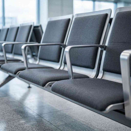 Waiting room in the airport. Row of chairs in airport terminal.