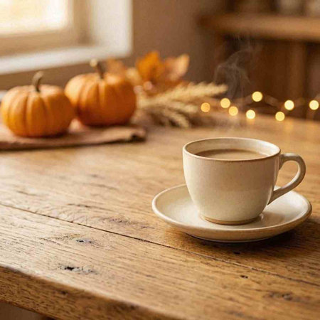 A cup of coffee on a wooden table with pumpkins in the background