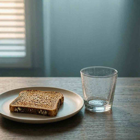 A glass of water and a slice of bread on a plate.