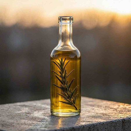 Olive oil in a glass bottle on the background of nature.