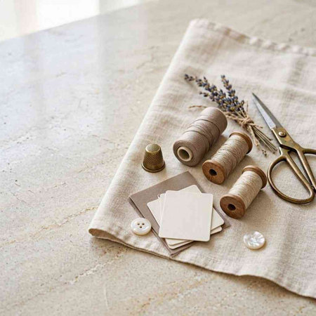 Spools of thread, scissors, card, scissors and lavender on a light background