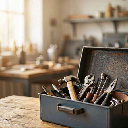 Tools in a toolbox on a wooden table in a workshop.