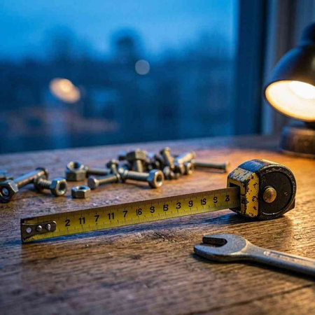 Close up of a metal measuring tape on a wooden table in front of a window