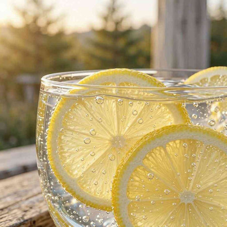 A glass of lemonade with lemon slices on a wooden table.