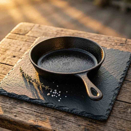 Black cast iron frying pan with salt and herbs on a wooden table.
