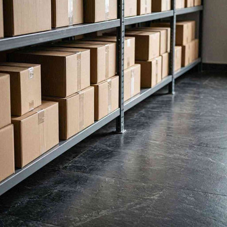 Cardboard boxes on shelves in warehouse. Warehouse, storage and transportation concept