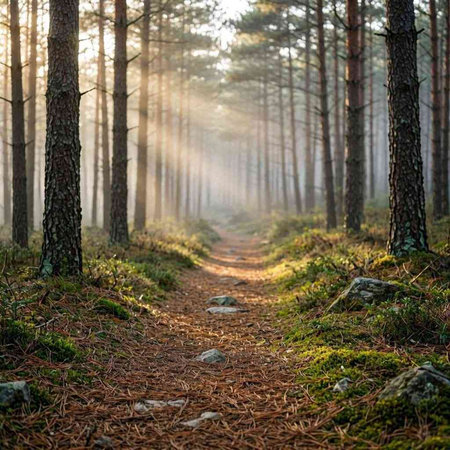 Path in the middle of a pine forest with morning sun rays.