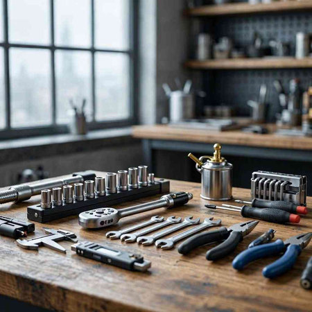 A set of tools on a wooden table in the workshop. The concept of repair work.