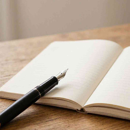Notebook with fountain pen on wooden table. Selective focus.