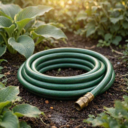 Garden hose in the sun. Green hose on the ground.