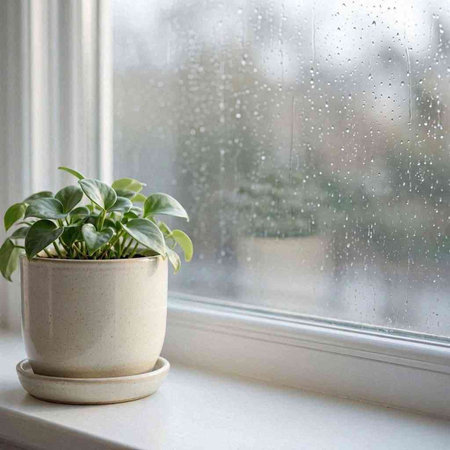 A green plant in a pot on the windowsill against the background of the rain