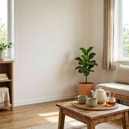 Interior design of a living room with a cup of tea and teapot