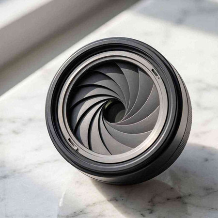 Close up of a camera lens on a white marble background with shadow