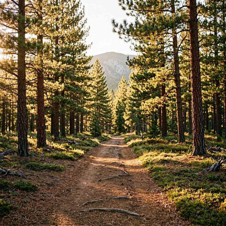 Dirt road in the pine forest in the mountains at sunrise.