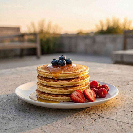 A stack of pancakes with fresh berries and maple syrup on a plate