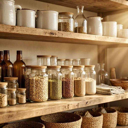 Various types of grains in glass jars on wooden shelves in pantry