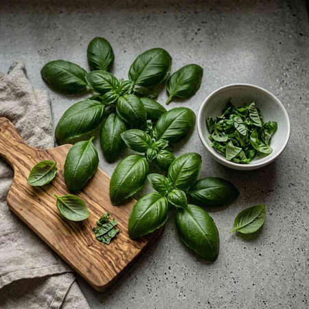 Fresh green basil leaves on wooden cutting board on grey stone background.