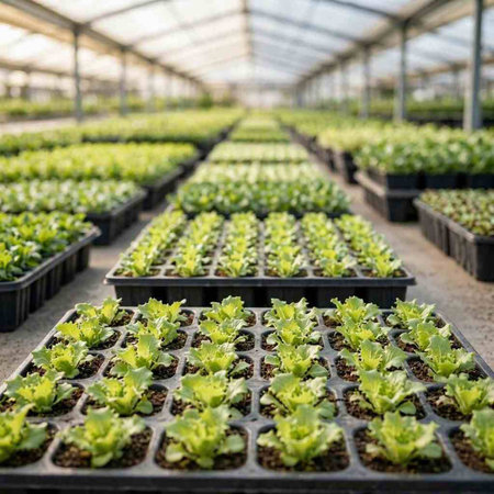 Organic hydroponic vegetable seedlings in greenhouse, stock photo