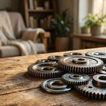 Metal gears on a wooden table in the background of a living room
