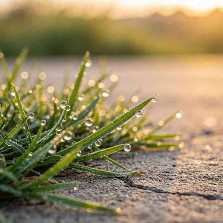 Green grass with dew drops on the sidewalk in the morning.