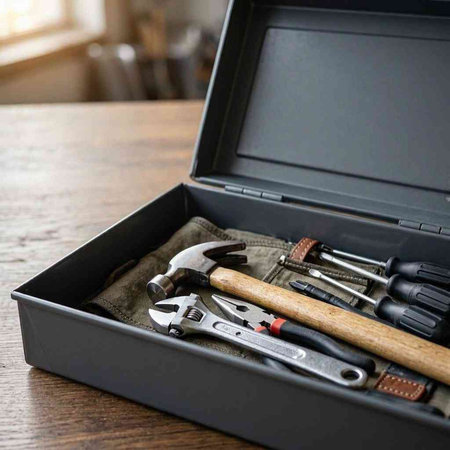 A set of tools in a box on a wooden table. Tools for repair.