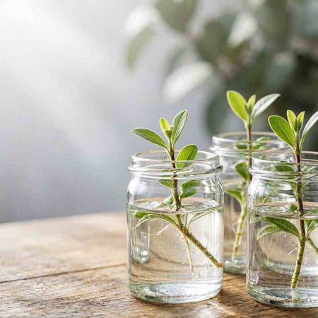 Small green plants in glass jars on a wooden table. Home gardening concept.