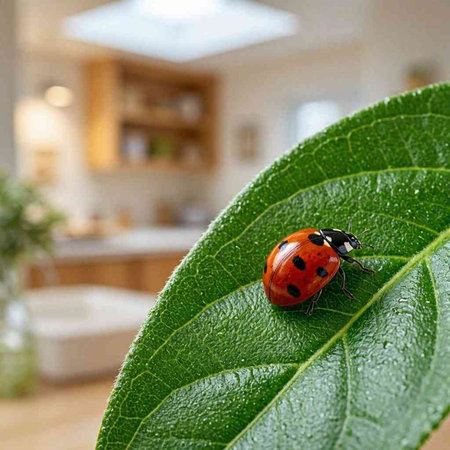ladybug on green leaf in the kitchen. High quality photo