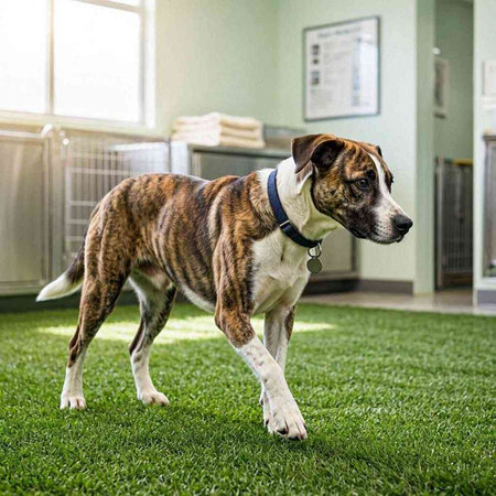 Adorable mixed breed dog standing on green grass in animal shelter.