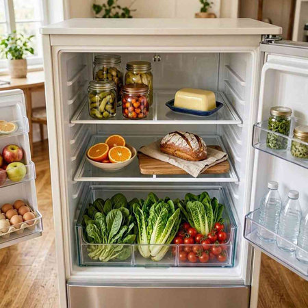 Open fridge full of healthy food. Fruits and vegetables in the refrigerator.