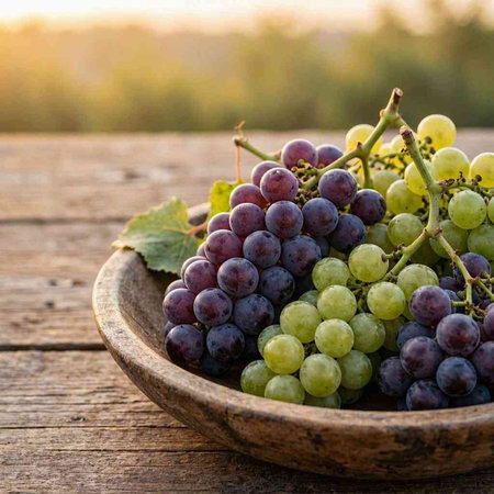 Bunch of grapes in a wooden bowl on a rustic table.