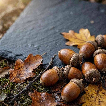 Acorns and oak leaves on a black stone. Autumn background.