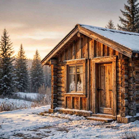 Old wooden house in the winter forest at sunset. Beautiful winter landscape.