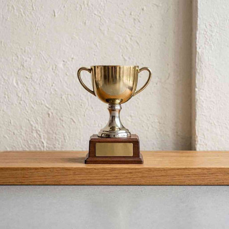 Trophy cup on wood shelf with white wall background and copy space.