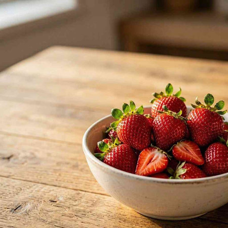 Strawberries in a bowl on a wooden table. Close up.
