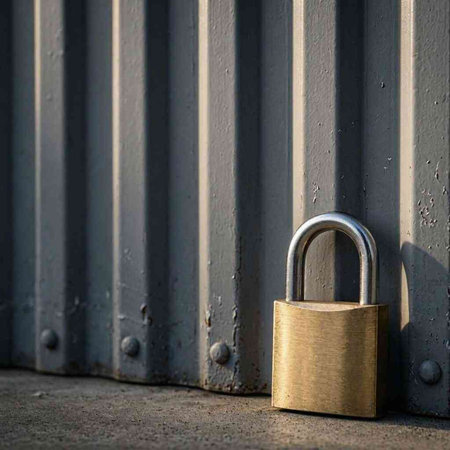 Metal padlock on the background of the iron wall. 3d rendering