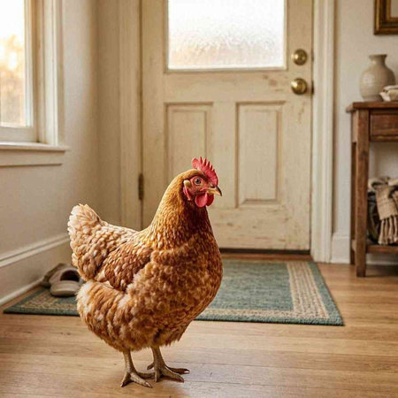 Brown chicken stands on the floor in the living room and looks at the camera