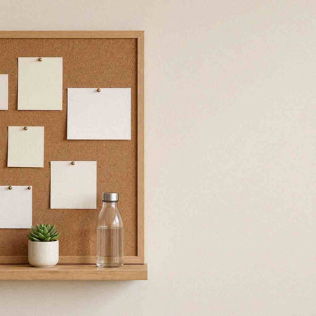Cork board with empty note papers on wooden shelf. 3d render