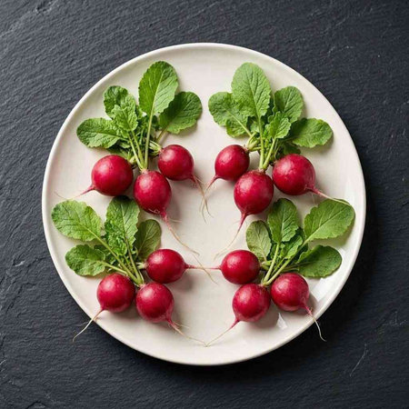 Radish with leaves on white plate on black background, top view