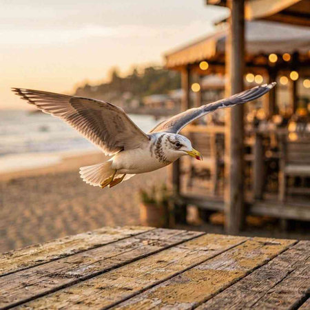Seagull flying over a wooden pier on the beach in the evening